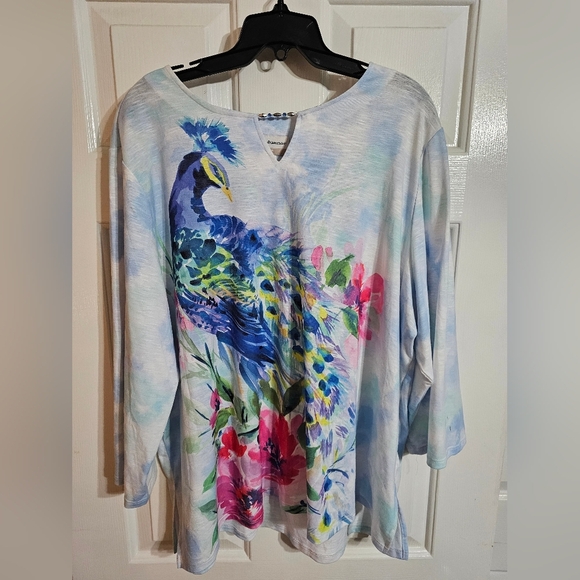 Alfred Dunner Woman 2X Blue Peacock Floral Watercolor Print 3/4 Sleeve Top - Picture 2 of 6